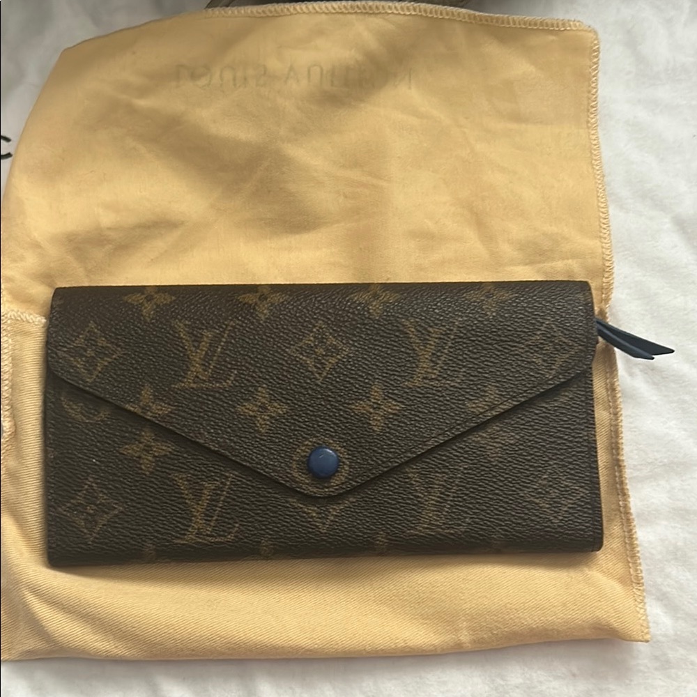 Louis Vuitton Brown Monogram Clutch with Blue Button